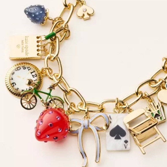 Kate Spade Gold-Toned Charm Necklace with Heart, Strawberry, Bow, Ladybug, Card - Picture 5 of 7